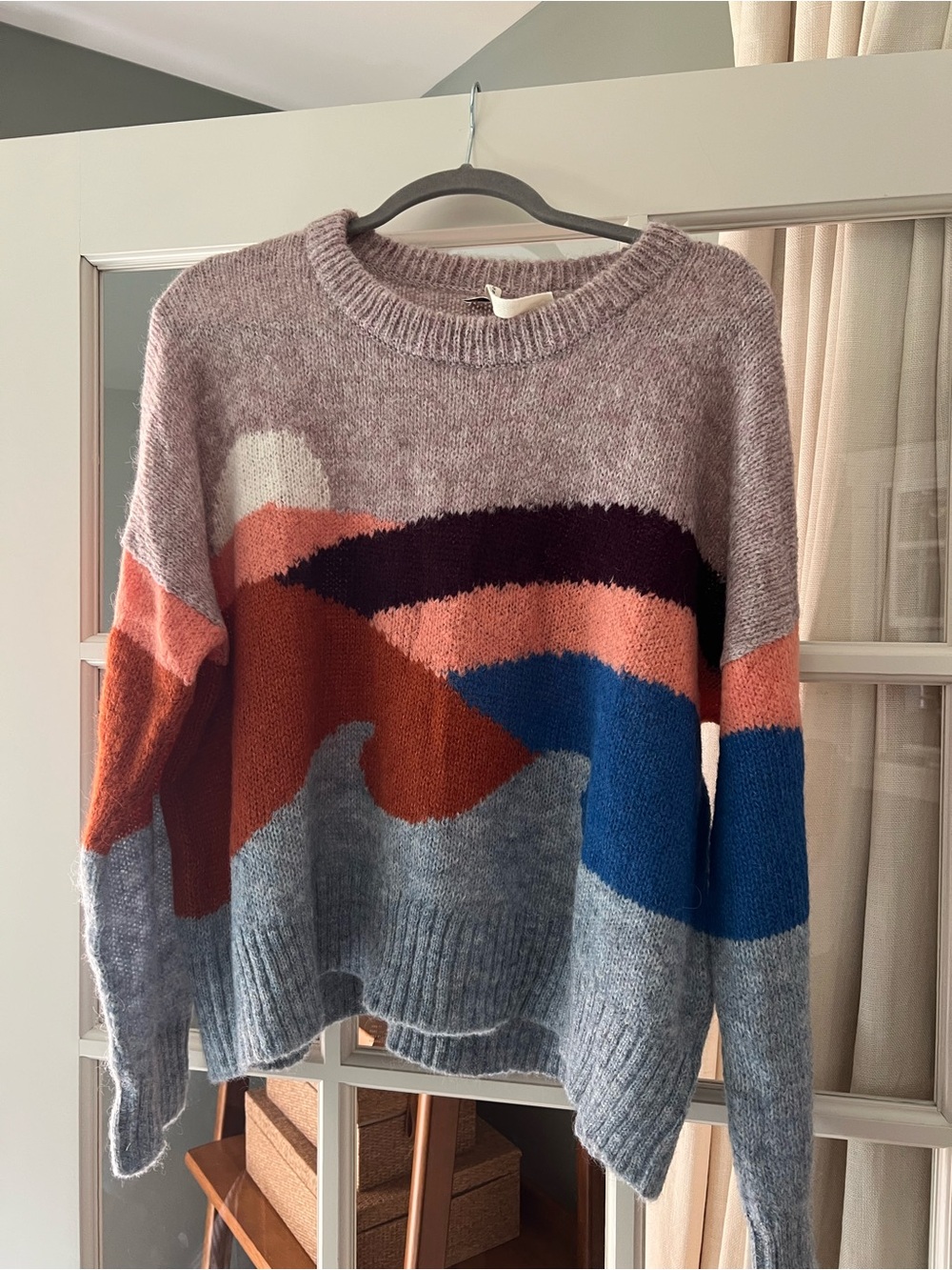 Faherty. Women's Multicolor Crewneck Sweater - Gray, Blue & Coral Colorblock